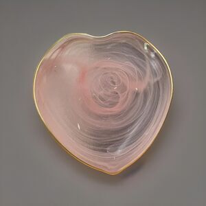 Heart Shaped Blush Pink Glass PlateWhite Swirls Gold Curved Rim Turkish 10in